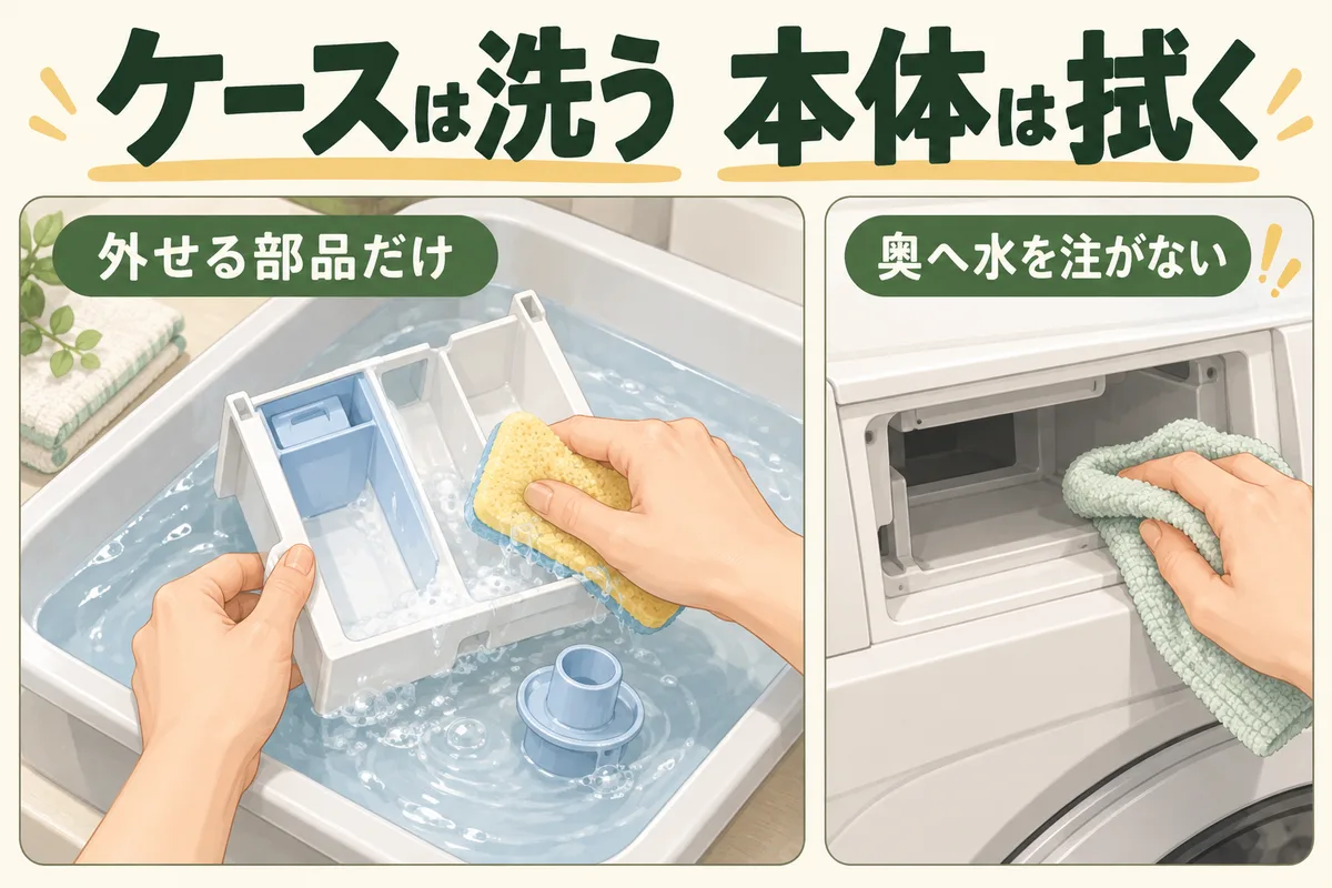 洗濯機から外した洗剤ケースとキャップを水洗いする図