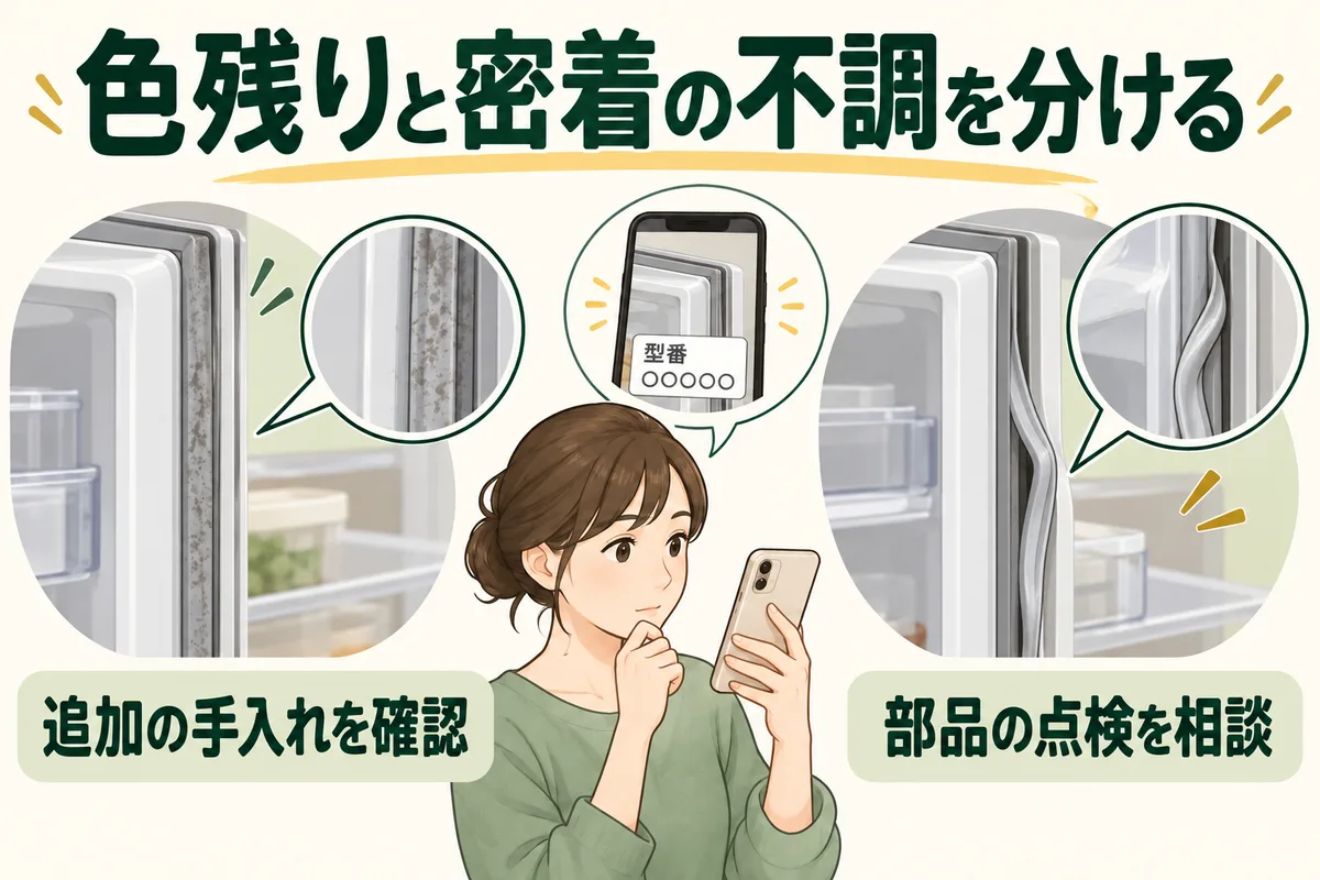 清掃後の色残りとパッキンの外れを別々に相談する図