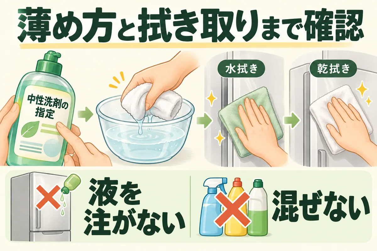 中性洗剤の表示と水拭き・乾拭き、禁止用品を照合する図