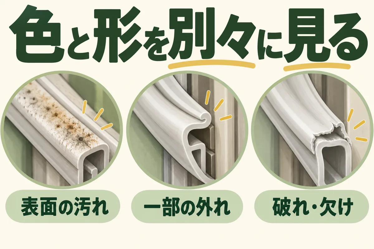 冷蔵庫パッキンの汚れ、溝からの外れ、破れを分けて見る図