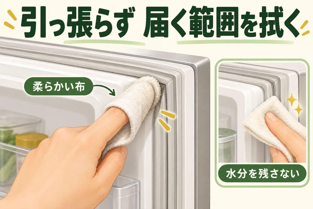 パッキンを引き抜かず、布でひだを拭いて仕上げる手元の図