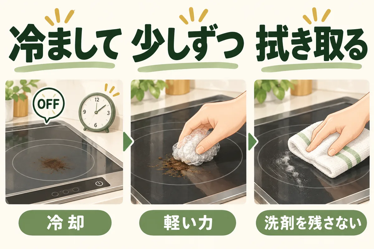 冷ましたIHの狭い範囲を手入れし、洗剤を拭き取る順序の図