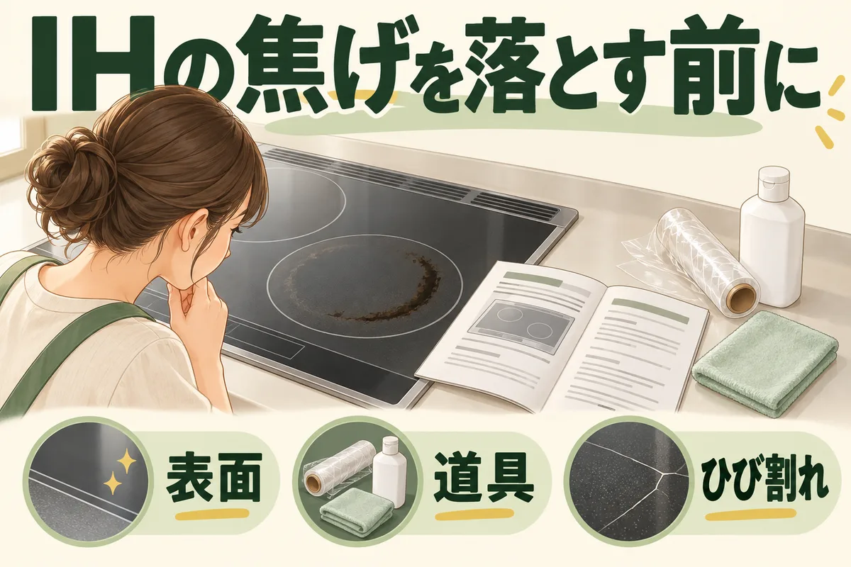 IH天板の焦げと取扱説明書、手入れ用品の条件を確認する図