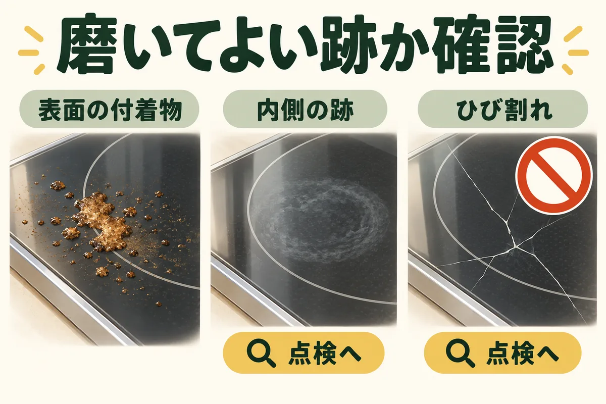 IH天板の表面の焦げ、内側の跡、ひび割れを区別する図