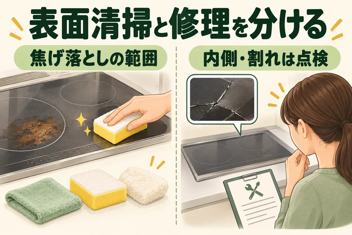 IH表面清掃と天板の点検・修理を分けて相談する図