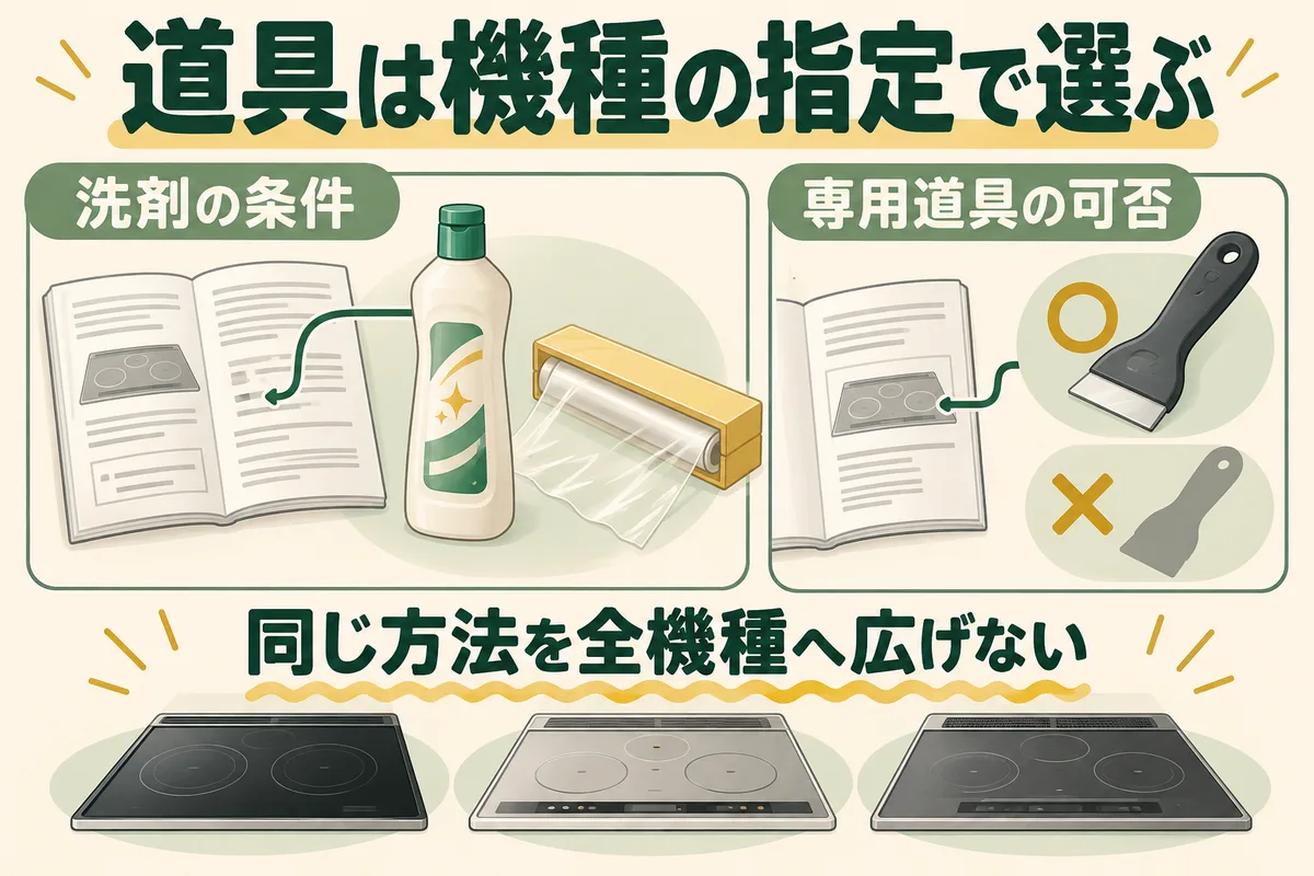 クレンザーの表示とラップ、専用スクレーパーの使用条件を照合する図