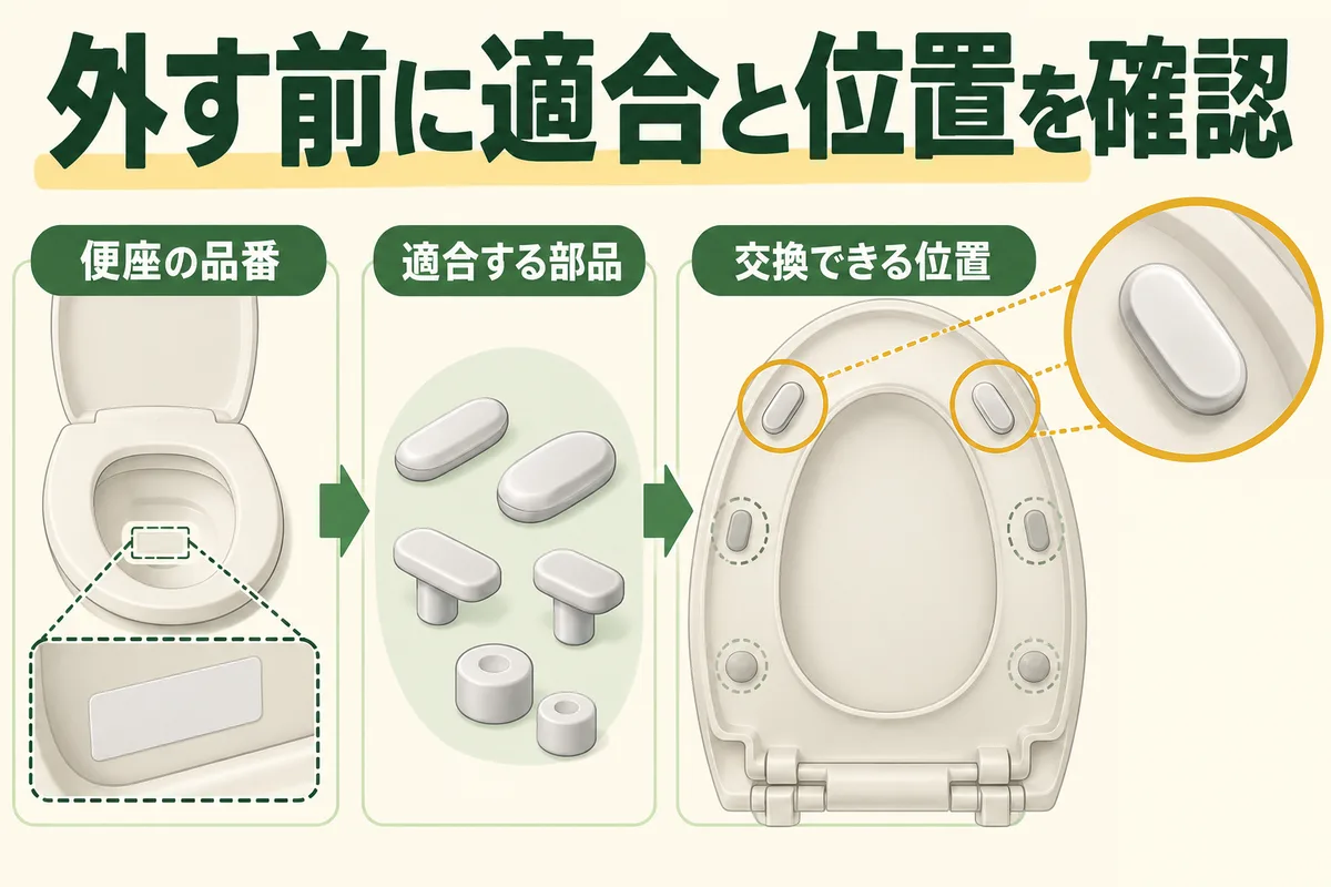 便座品番から適合するゴム足を探し、交換できる位置を確認する図