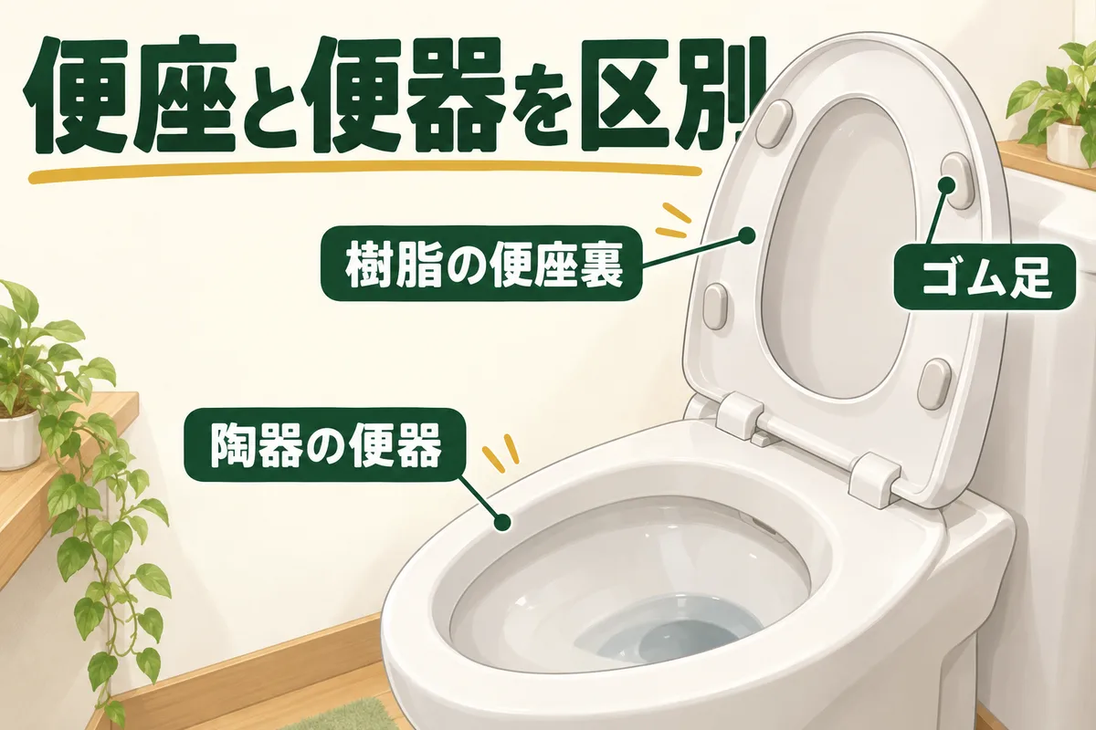 樹脂の便座裏、陶器の便器、便座裏のゴム足を区別する図