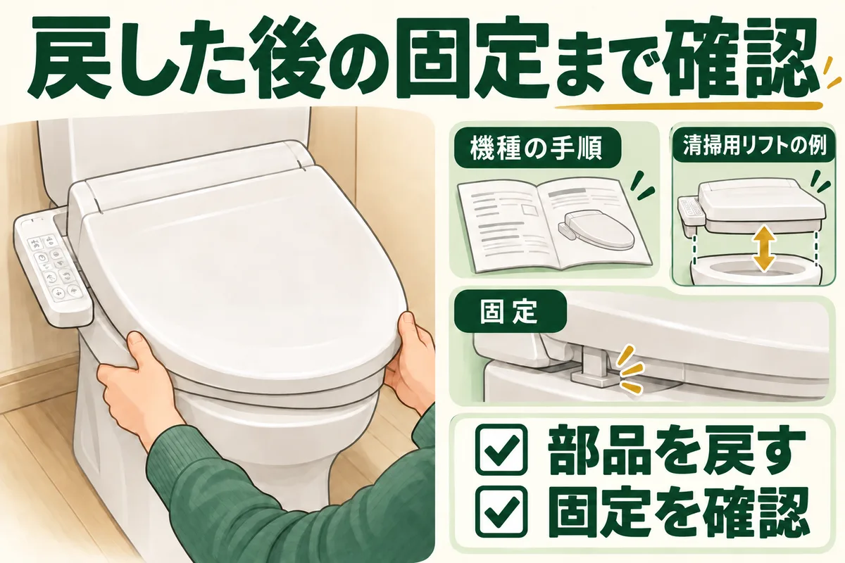 便座本体の清掃用着脱機能と、戻した後の固定確認の図
