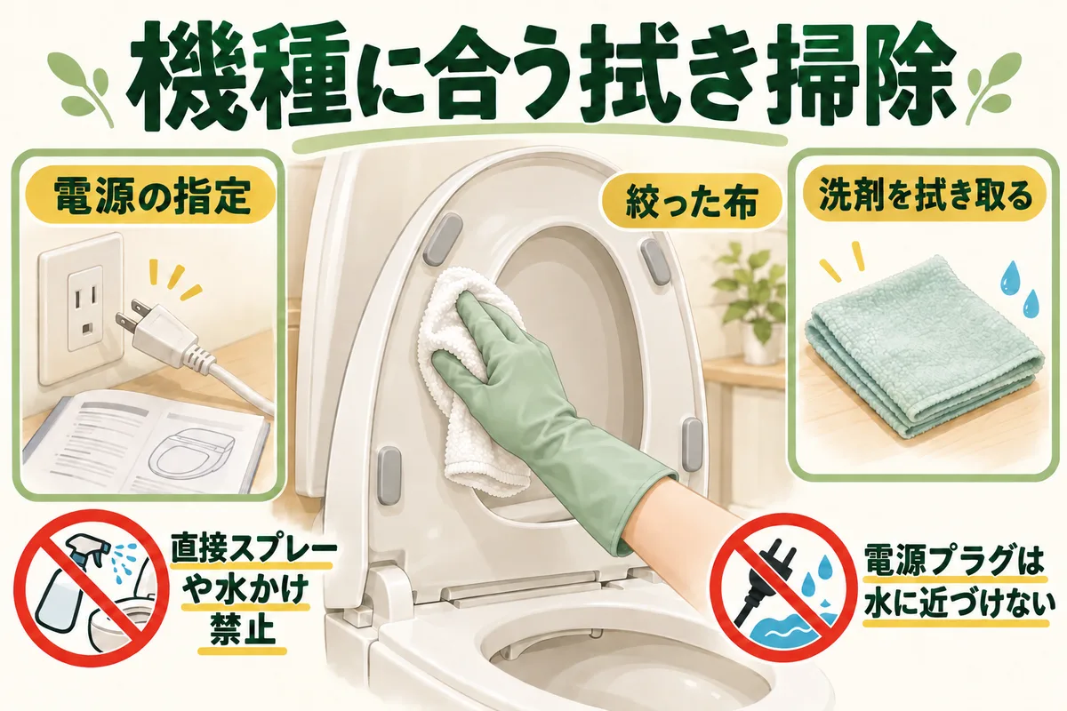 便座裏を絞った柔らかい布で拭き、洗剤分を水拭きする図