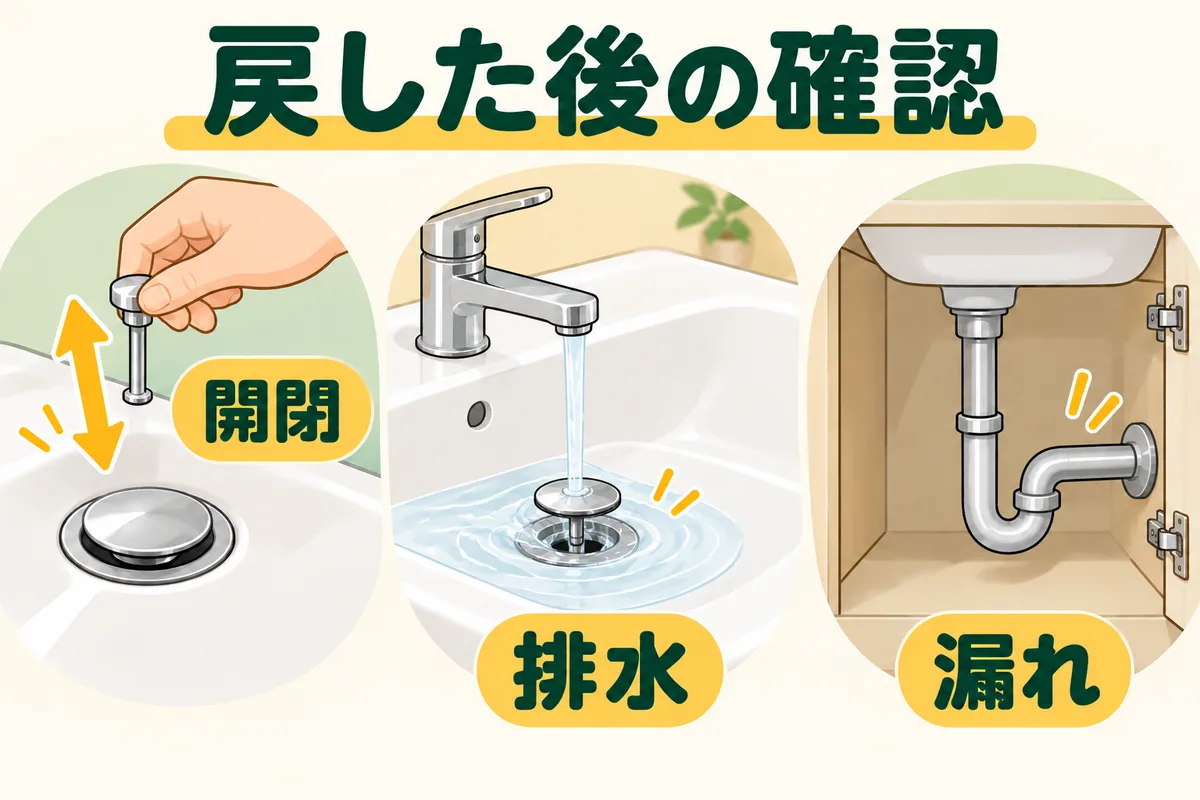 栓の開閉、水の流れ、収納内の漏れを順に確認する図