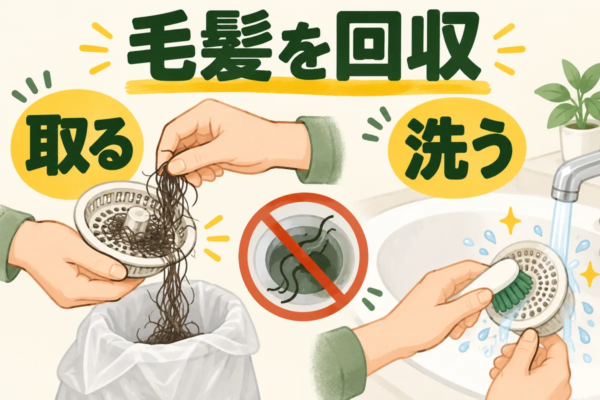 栓のヘアキャッチャーから毛髪を取り、ブラシで洗う図