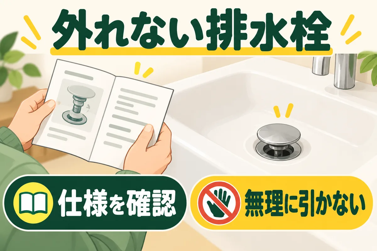 洗面台の排水栓を無理に引かず、説明書で仕様を確かめる図
