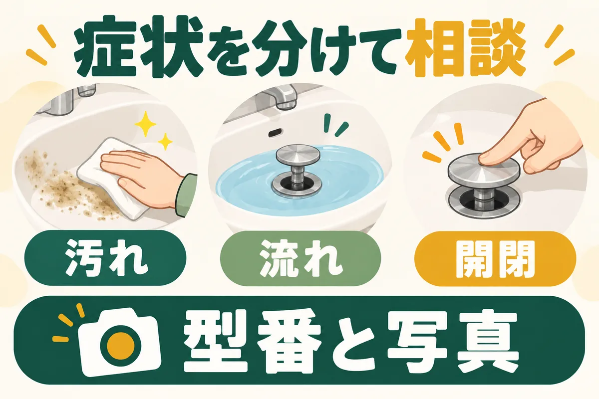 洗面所の清掃と配管の詰まり解消、栓の修理を分けた相談図