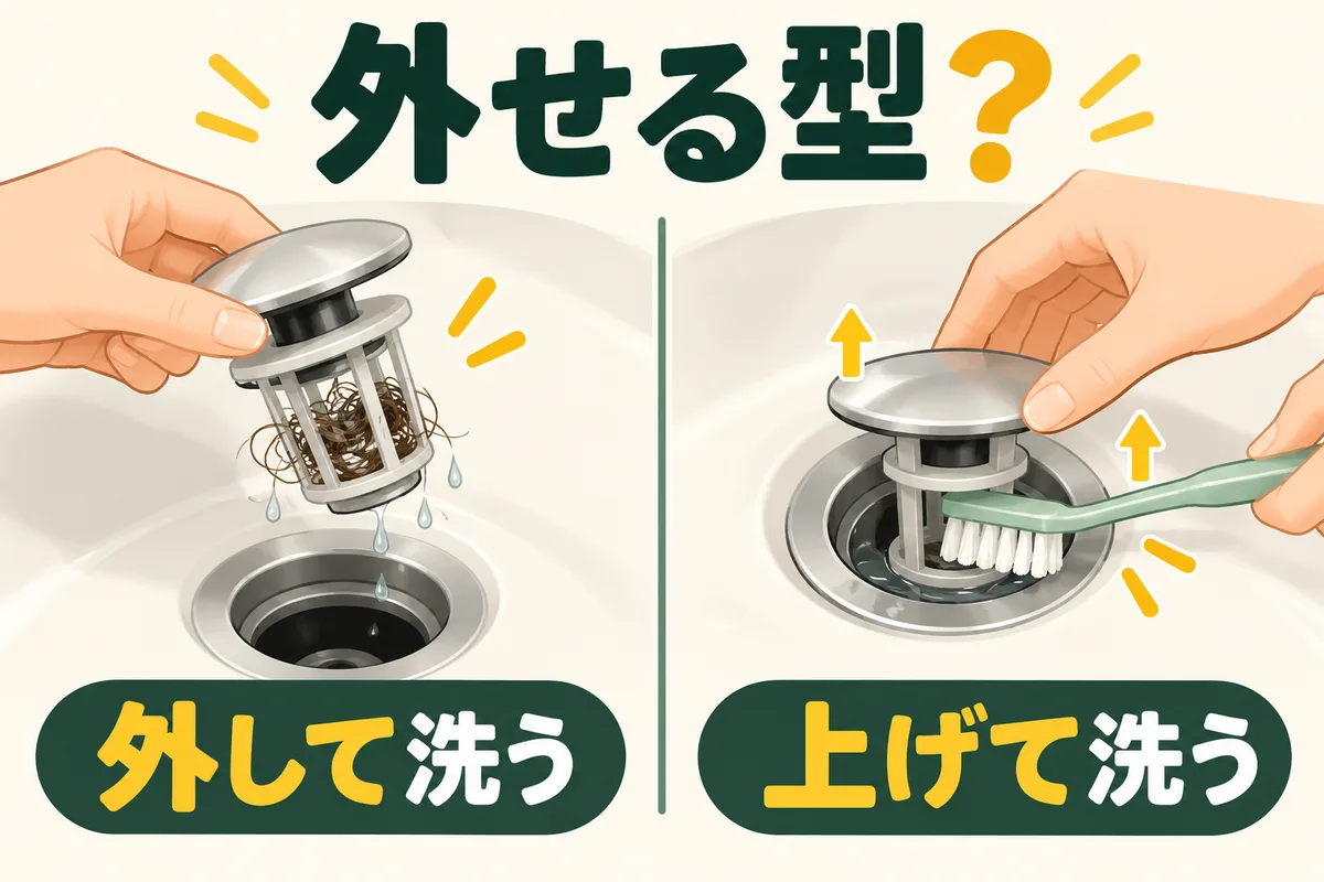 取り外せる排水栓と持ち上げたまま掃除する排水栓を比較した図