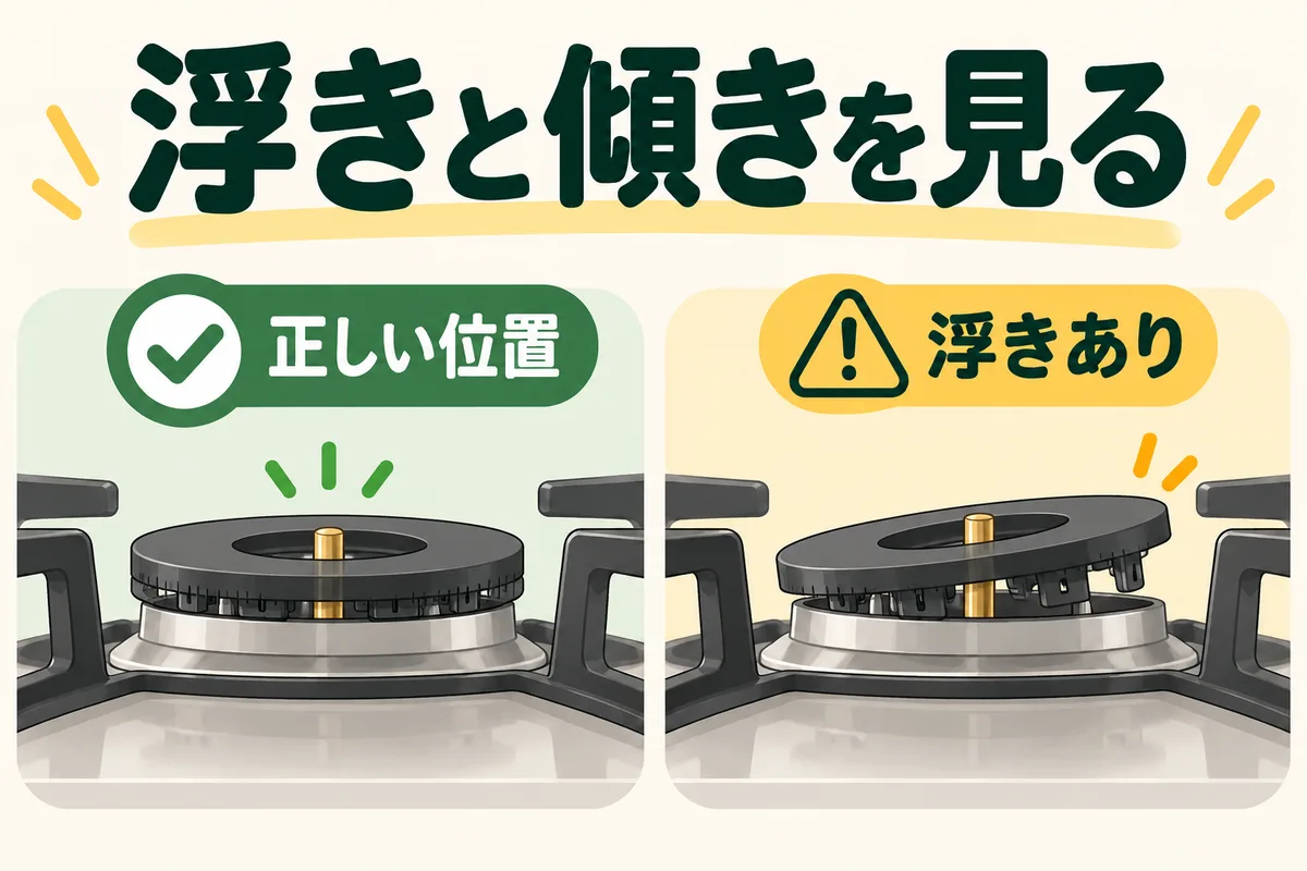 正しい向きで水平に収まるキャップと浮いたキャップを比較する図