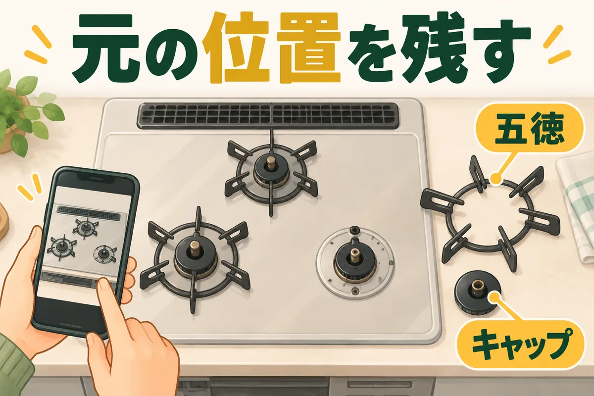 ガスコンロの五徳とバーナーキャップを外す前に位置を記録する図