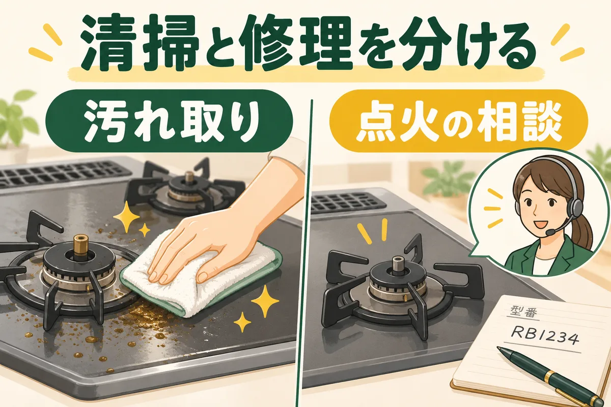 コンロの汚れ清掃の見積もりと、点火不良の修理相談を分ける図