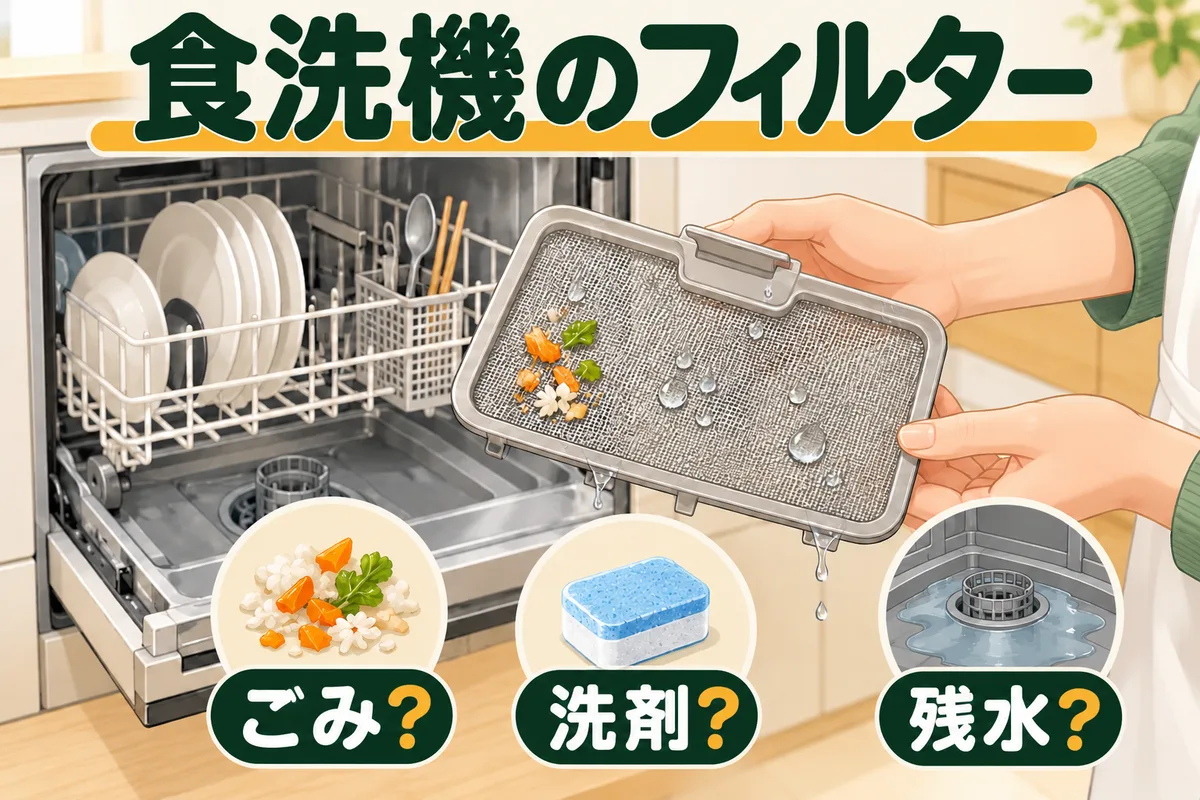 食洗機の底にある残さいフィルターを取り外して確認する図