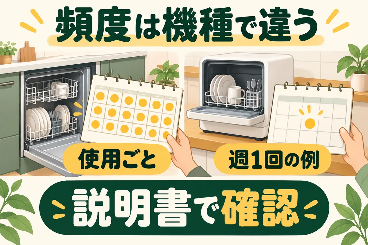 食洗機の手入れ頻度を使用後と週一回の機種例で比較し、説明書で確認する図