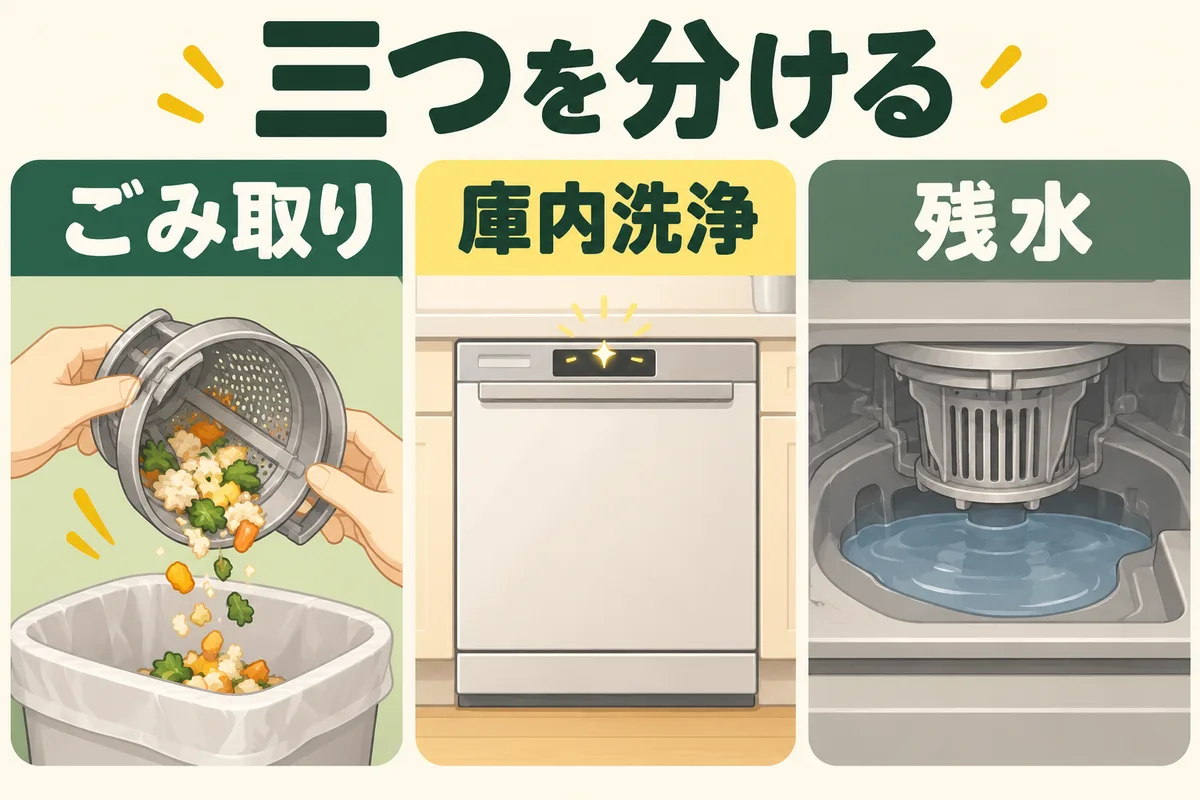 残さいフィルターのごみ取り、庫内洗浄、底の残水を三つに分けた図