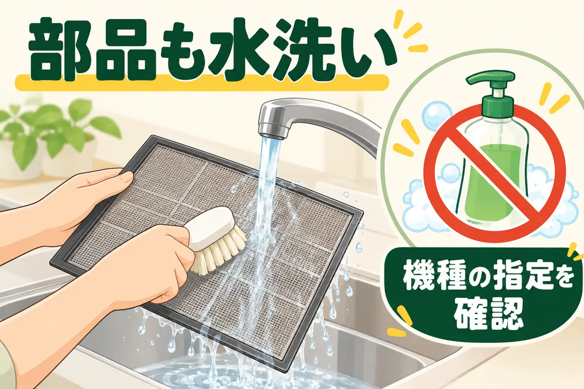 外したフィルターを水とブラシで洗い、手洗い洗剤を使わない例の図