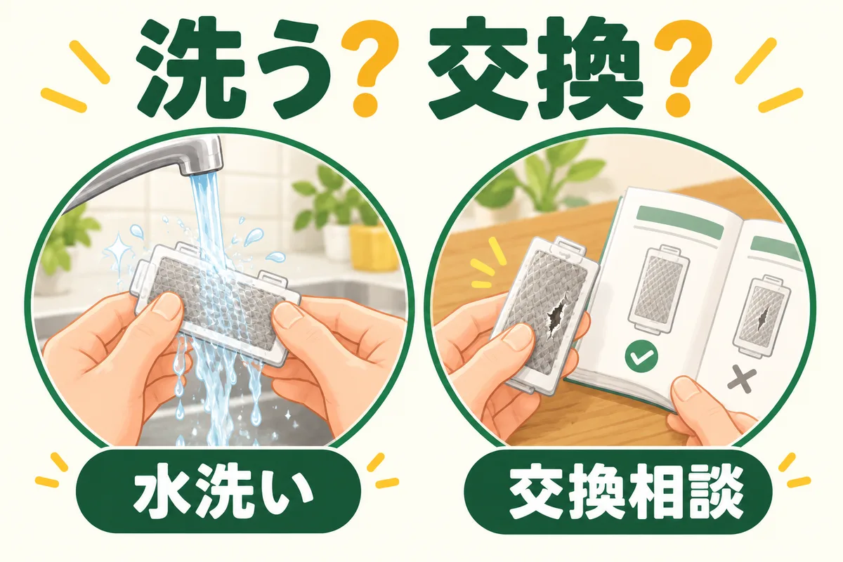 フィルターを、水洗いで戻す物と交換相談が必要な物に分ける図