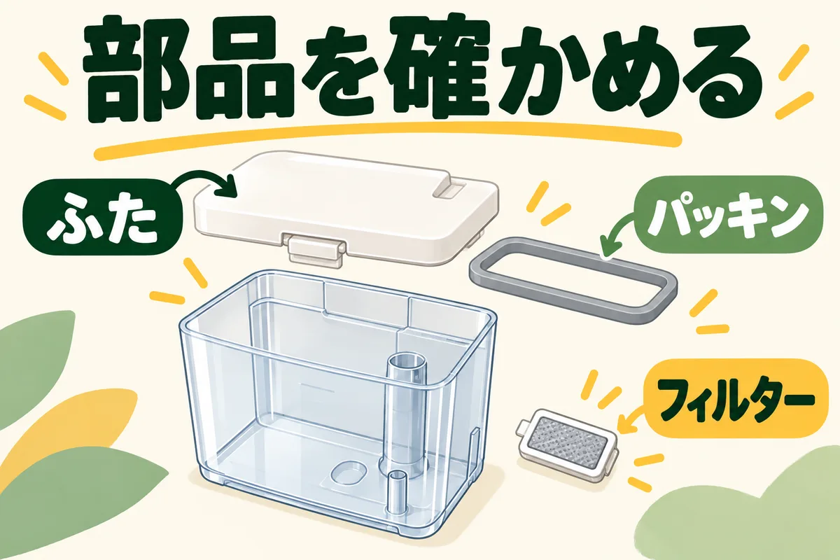 給水タンク、ふた、パッキン、フィルターを分けて示す図