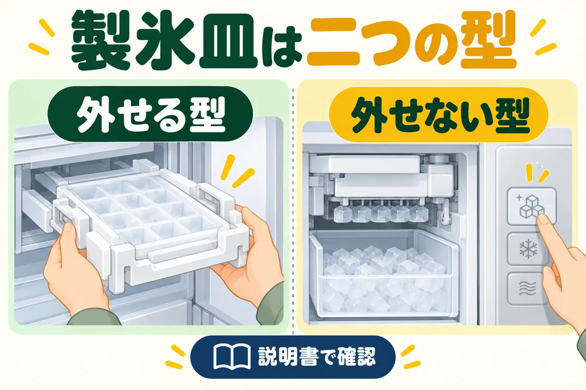 取り外す製氷皿と、外さず手入れ機能を使う製氷皿を並べた図