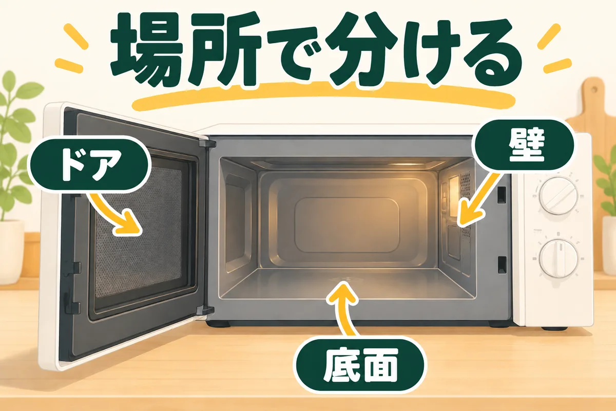 開いた電子レンジの底面、側壁、ドアを別々に示す図
