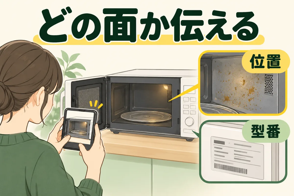 電子レンジの汚れ写真と型番を示し、清掃と点検を分ける図