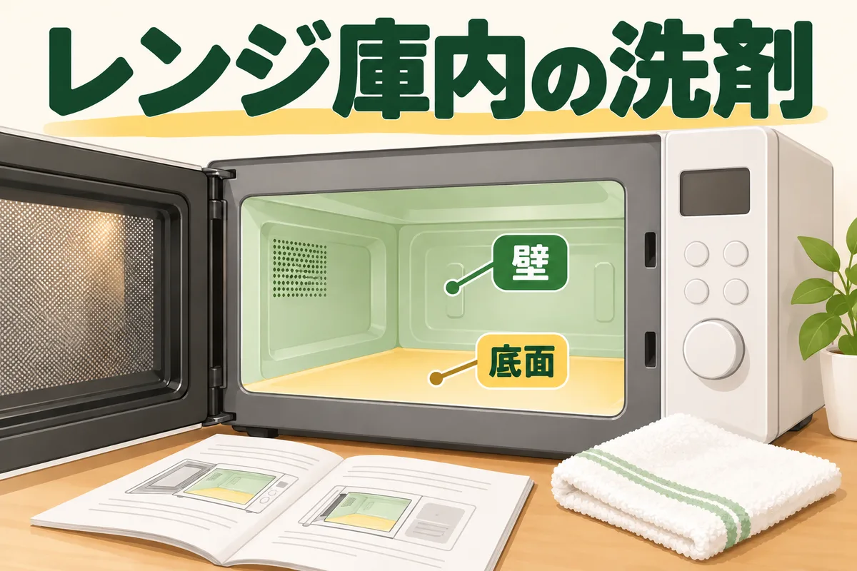 電子レンジの底面と壁を色分けし、説明書と布を並べた図