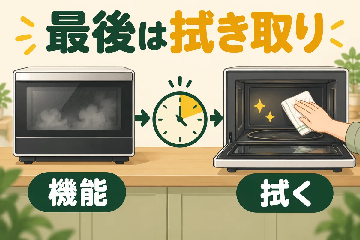 冷却、指定の手入れ、布での拭き取りを順に描いた図