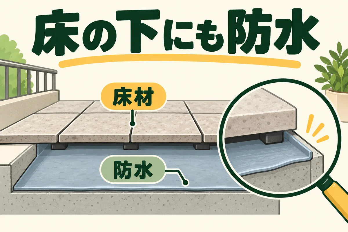床タイルとその下の防水層を断面で示す図