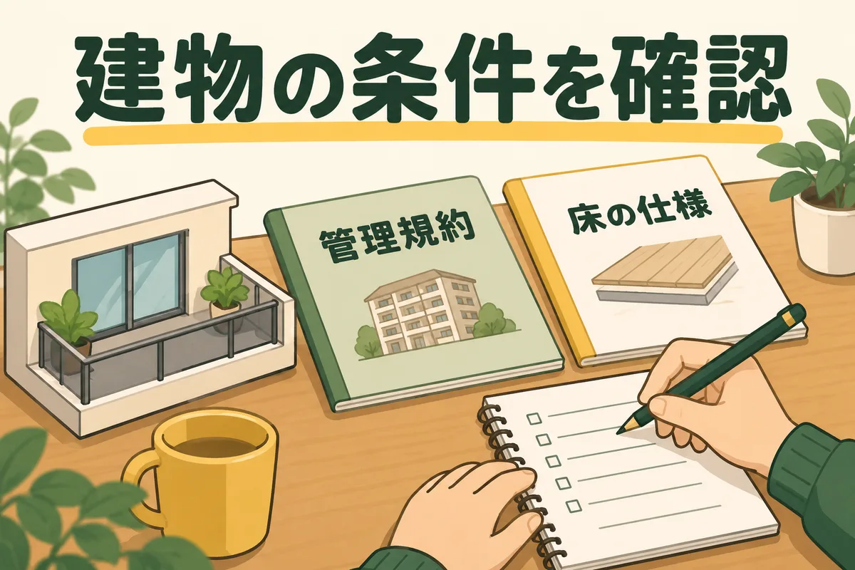 管理規約と床の仕様を確認する図
