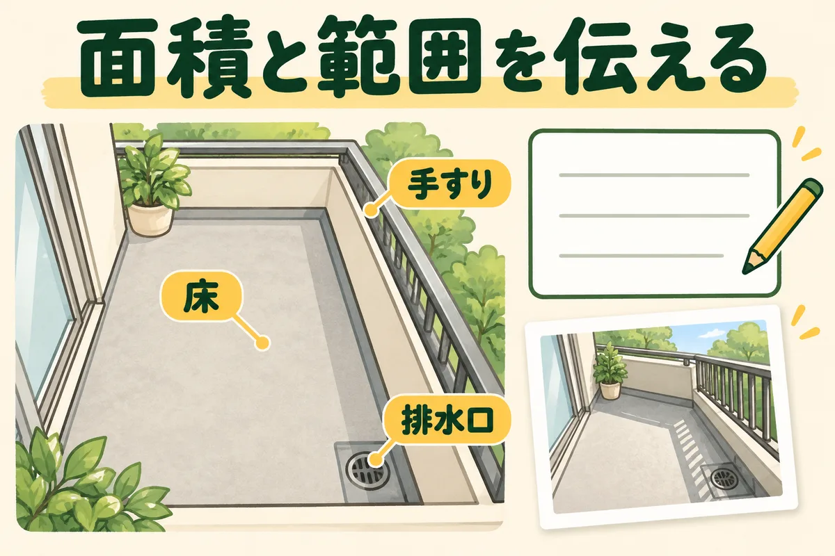 ベランダの床・手すり・排水口と面積・範囲を伝える資料の図