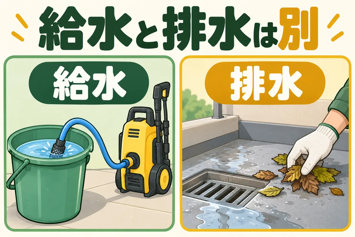 給水用バケツから洗浄機への吸水と、排水口の落ち葉を取り除く作業を分ける図