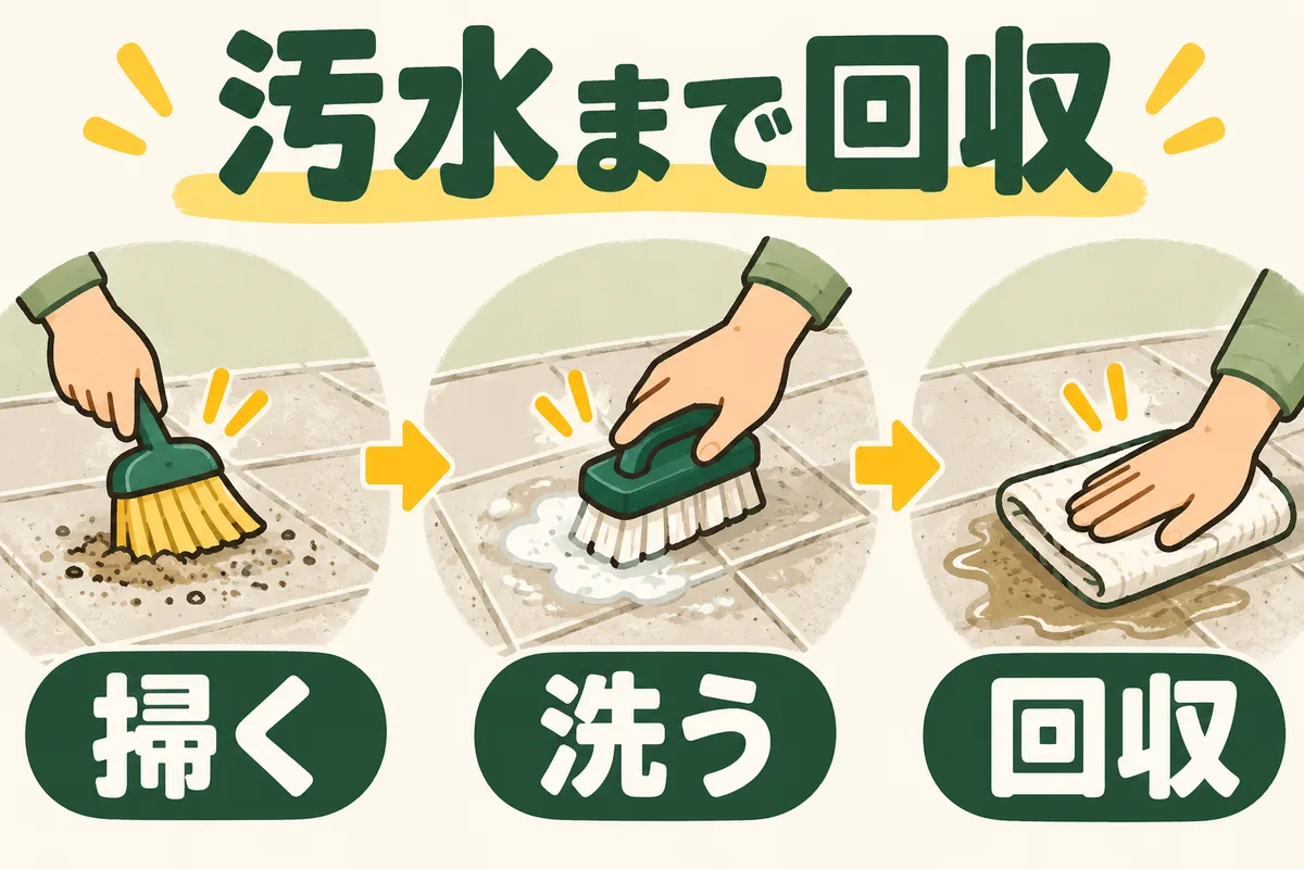 砂を掃き取り、局所を洗い、汚れた水を布で回収する順番の図