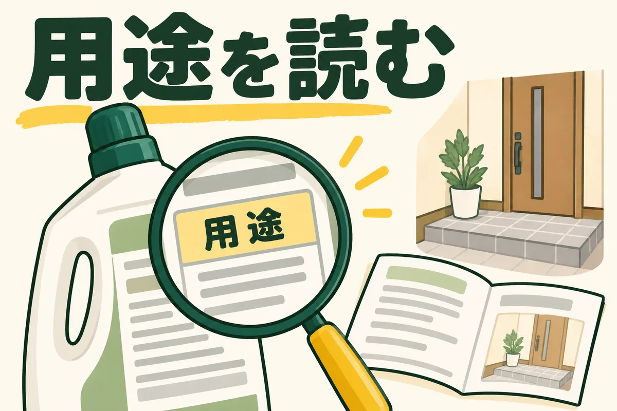 洗剤の用途欄と玄関の床を別々に確認する図