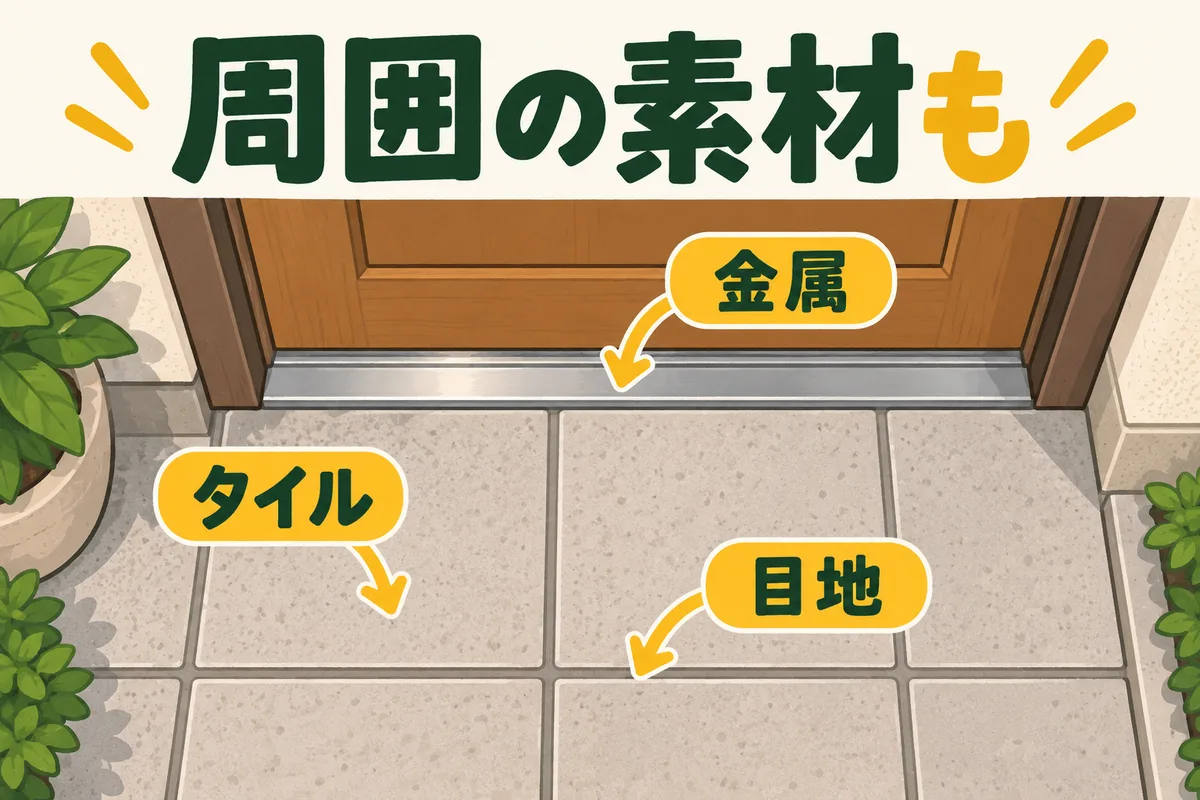 玄関のタイル、目地、金属枠を位置ごとに示す図