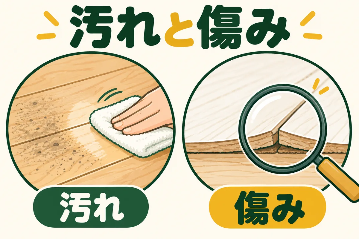 布で取れる付着汚れと床表面の白化や膨れを分けた図
