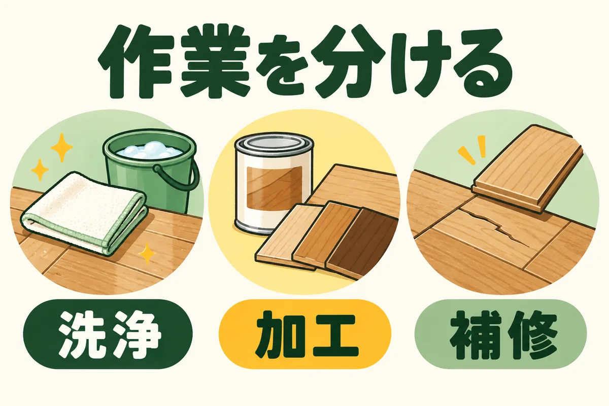 床の洗浄と表面加工と補修を別の相談票に整理する図
