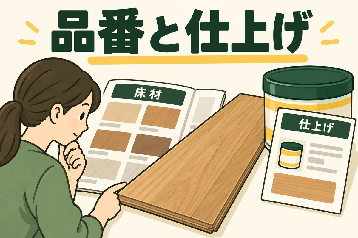 木目の床から品番資料と仕上げ履歴を確認する図