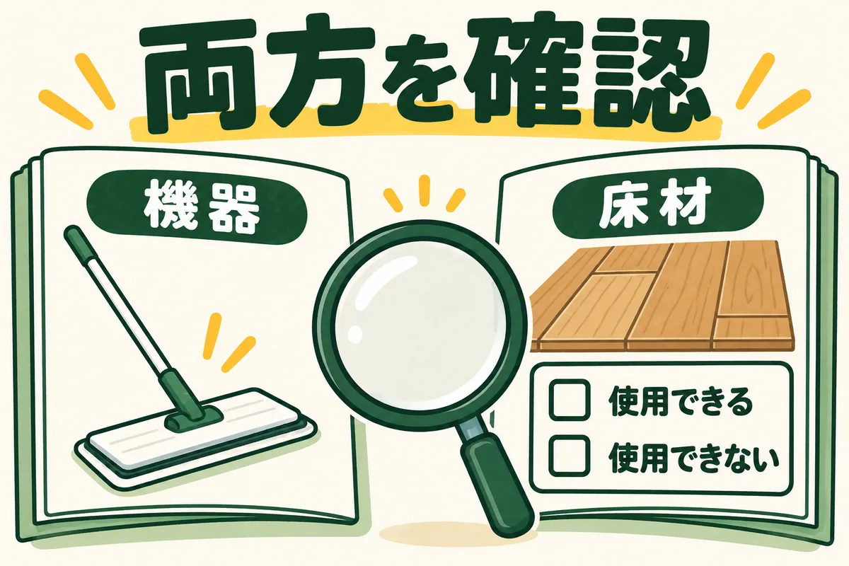機器の説明書と床材の説明書を向かい合わせて照合する図
