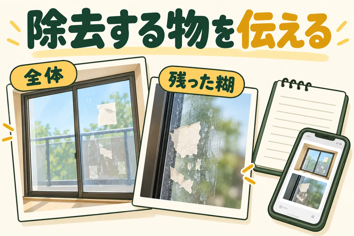 窓全体と残った糊の写真を並べ、相談前に状態を伝える図