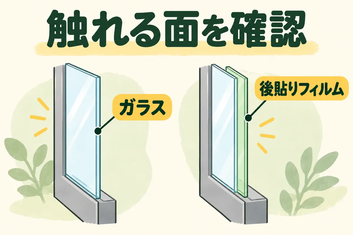 ガラス面と後貼りフィルムのある面を端の位置から区別する図