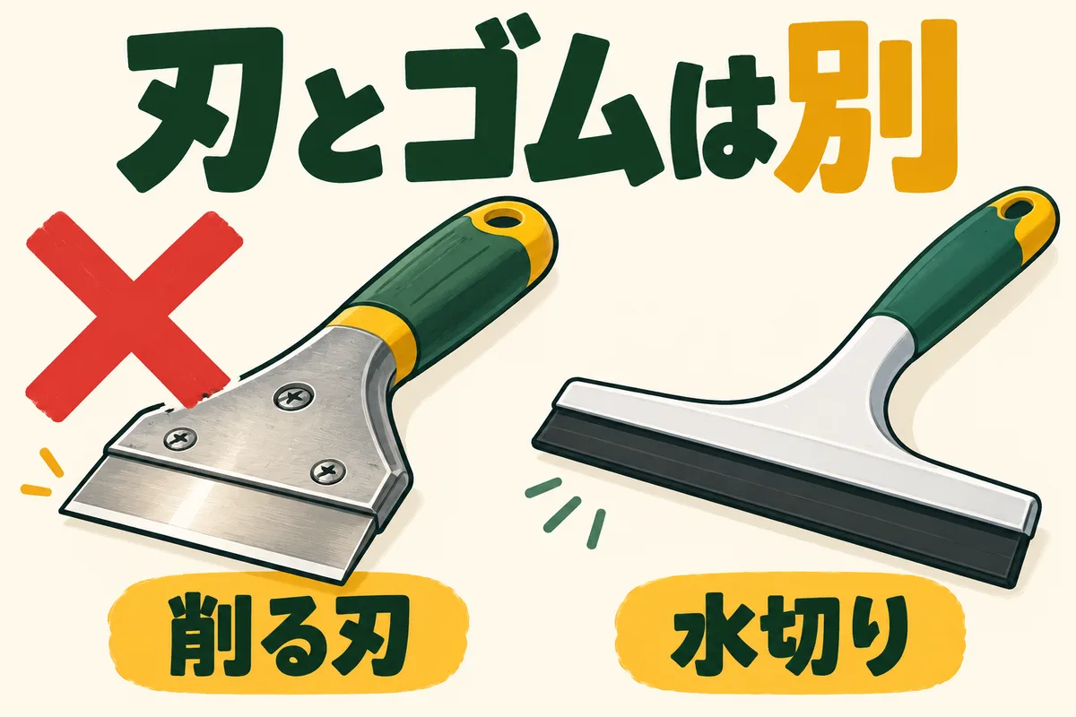 金属刃のスクレーパーと柔らかいゴムの水切りを並べて区別する図