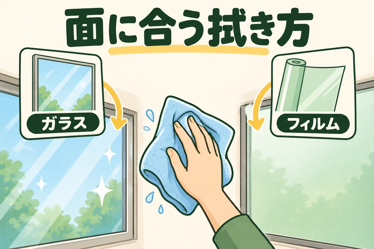 ガラス面とフィルム面を分け、対応する手入れ案内を確認して柔らかな布で拭く図