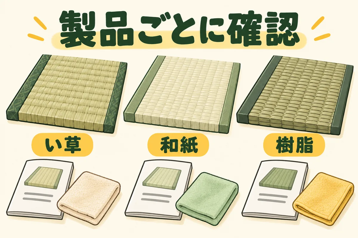 い草・和紙・樹脂の畳表見本とそれぞれの説明書を並べ、製品別に確認する図