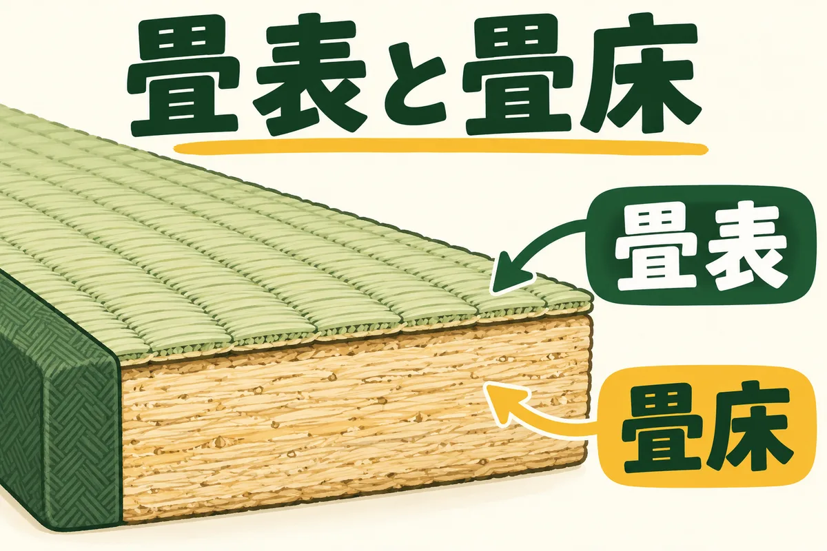 畳の薄い畳表と厚い畳床を断面で分けて示す図